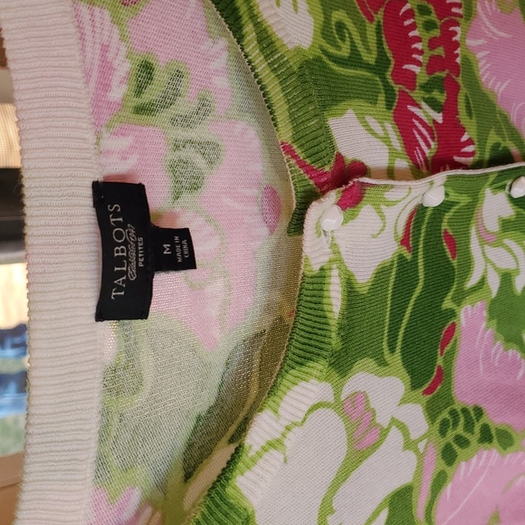 Talbots Floral Green and Pink Floral Long Slv Unique Buttons Sz MP Cardigan - Picture 6 of 10
